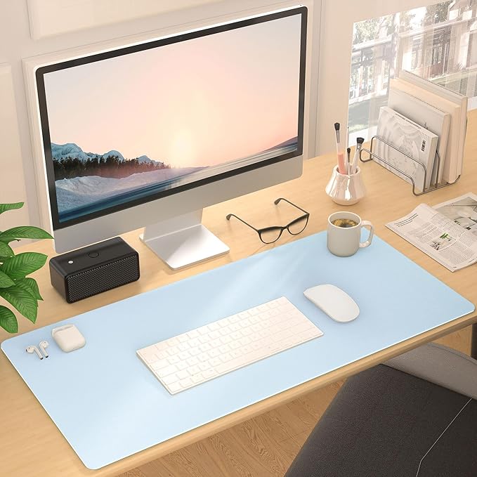 Leather Desk Pad Protector, Mouse Pad, Non-Slip Computer Mat for Desk, PU Leather Office Desk Mat for Home & Office, Waterproof Laptop Desk Blotter for Keyboard and Mouse, Baby Blue (13.7''X23.6'')