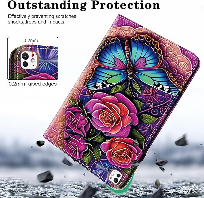 Case for iPad Pro 13 inch (M5/M4) 2025/2024, Premium Leather Folio Stand Protectors Cover with Auto Wake/Sleep, Pencil Holder, Hand Strap and Card Slots - Colorful Butterfly