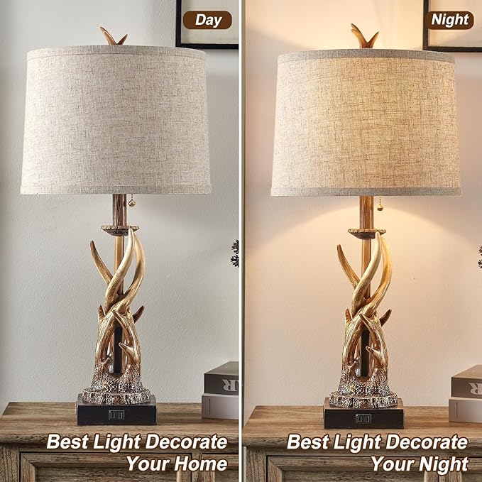 Rustic Deer Antler Table Lamps Set of 2 for Bedroom Farmhouse Bedside Lamps with USB A+C Ports for Living Room End Table Hunting Themed Cabin Lamp Pull Chain Linen, Bulbs Not Included