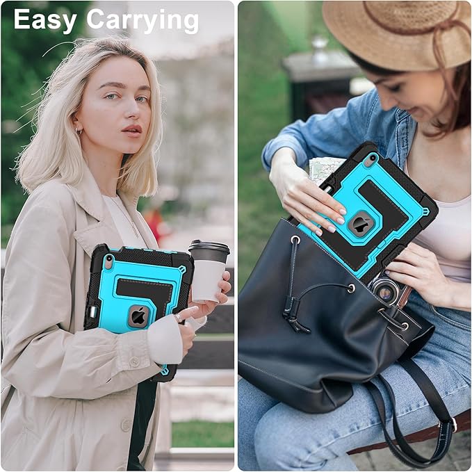 Kids Friendly Case for iPad Air 11 Inch M4 M3 M2 2026/2025/2024 Case with Pencil Holder & Shoulder Strap, Military Grade Shockproof Kickstand Hard Shell Protective Cover,Black+Blue