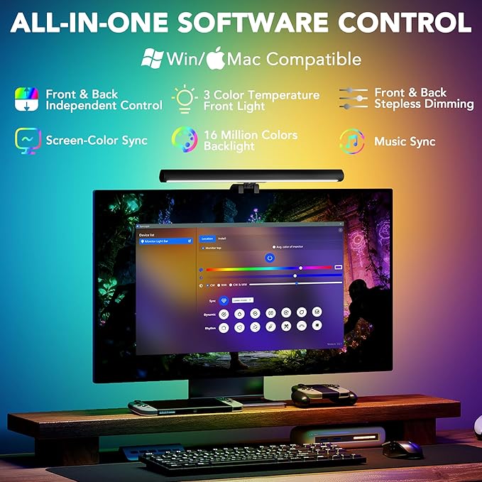 Smart Monitor Light Bar with RGB Backlight, Software-Controlled Screen & Music Sync, LED Monitor Lights for Gaming & Work with 16 Million Colors and 18 Modes – 16"