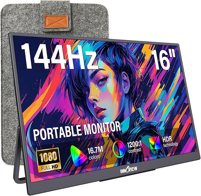 InnoView 16" Portable Monitor 144Hz Portable Gaming Monitor with Protective Sleeve, 1200P FHD External Monitor, Lightweight, Extra Second Screen for Laptop, PS5, Mac, Xbox (Not Includes Adapter)
