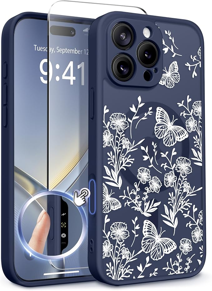 GVIEWIN for iPhone 16 Pro Case Compatible with MagSafe, [Military Grade Protection] [Screen Protector] Full Camera Protection Floral Translucent Women Magnetic Phone Case, Tuberose/Blue
