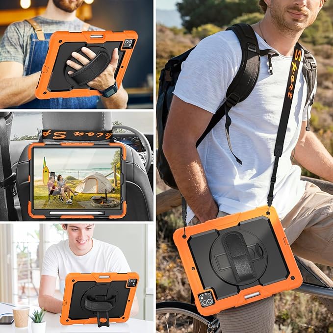 HXCASEAC Case for iPad Pro 12.9 Case (6th 5th 4th 3rd Generation), Shockproof Design | Pencil Holder | Hand Strap | Screen Protector | Heavy Duty Protective iPad 12.9 inch 2022/2021/2020/2018, Orange