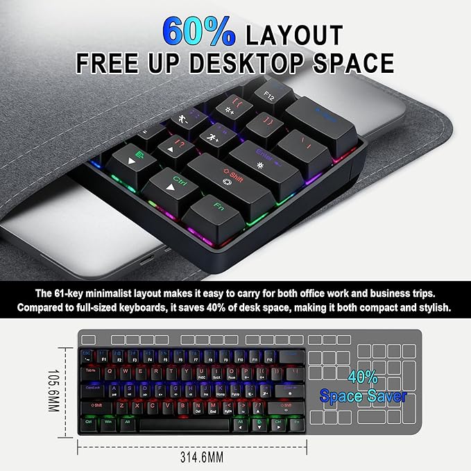 60% Mechanical Gaming Keyboard, RGB Backlit Ultra-Compact 61 Keys Wired Mini Keyboard, Anti-Ghosting, Portable Small Keyboard for PC, Mac, Laptop, Office & Gaming, Black
