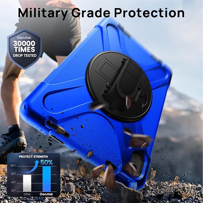 Gerutek Case for iPad (A16) 11th/10th Generation 11"/10.9" (2025/2022), Heavy Duty Shockproof Protective Case with Screen Protector, 360° Rotating Stand, Hand/Shoulder Strap, Pencil Holder - Blue