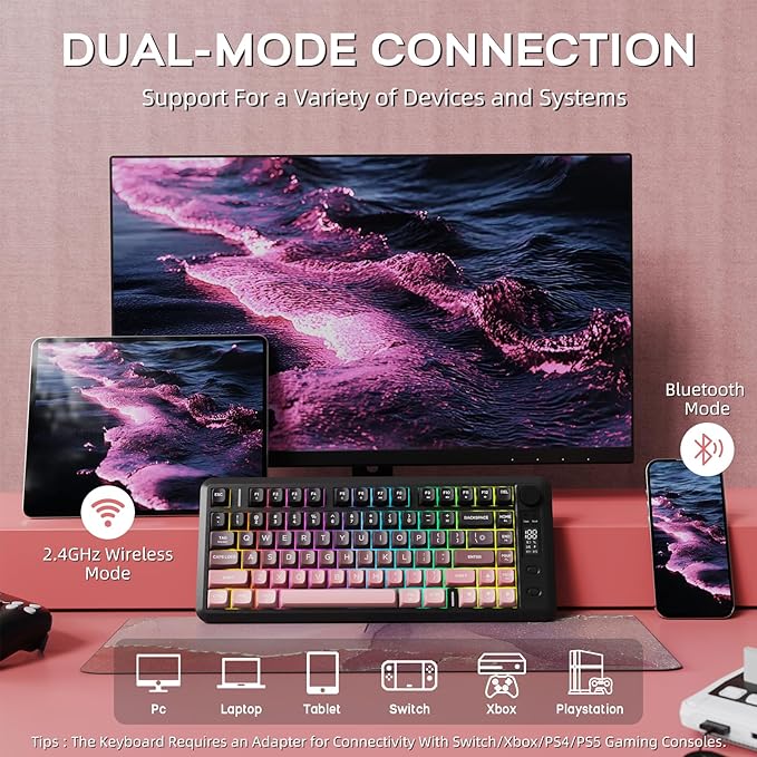 FREEWOLF M75 Wireless Gaming Keyboard Mechanical Feel Membrane with Knob & OLED Display Bluetooth/2.4Ghz Rainbow Backlit Gradient PBT Keycaps 2000mAH Battery Anti-Ghosting-Pink