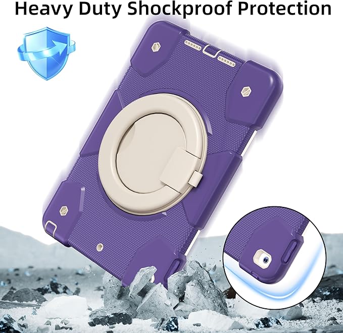 Andnary Case for iPad 9th/8th/7th Generation 10.2 inch, Shockproof Cover with Screen Protector/360° Rotate Stand/Pencil Holder/Shoulder Strap, Kids Case for iPad 2021/2020/2019 (Deep Purple+White)