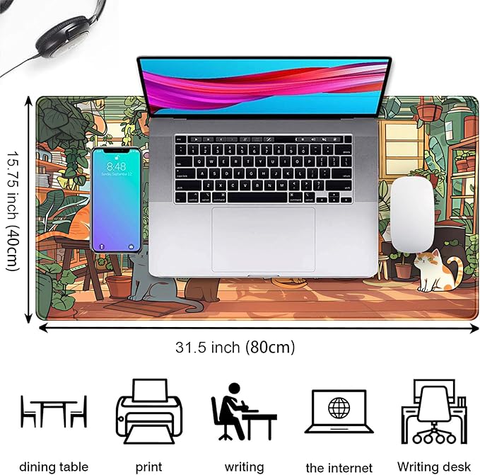 Large Desk Mouse Pad Cute Cats Desk Mat, Extended Gaming Mouse Mat, Office Home Keyboard Pad, Green Plant Computer Mats XXL, Cute Full Desktop Mat, Anime PC Accessories for Women 31.5" x 15.75"