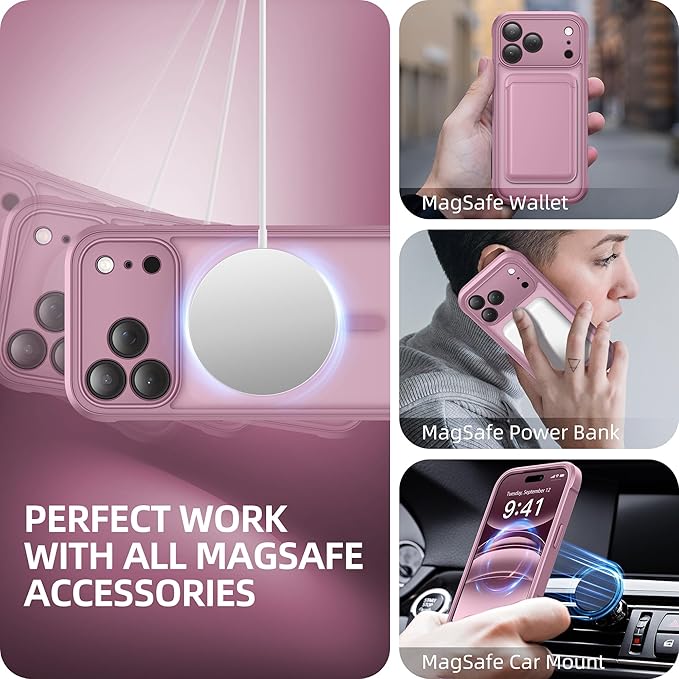 BERFY for iPhone 17 Pro Max Case, Compatible with MagSafe, Built-in Glass Screen Protector, Camera Protection, Shockproof Full Body Phone case 6.9", Translucent Palevioletred