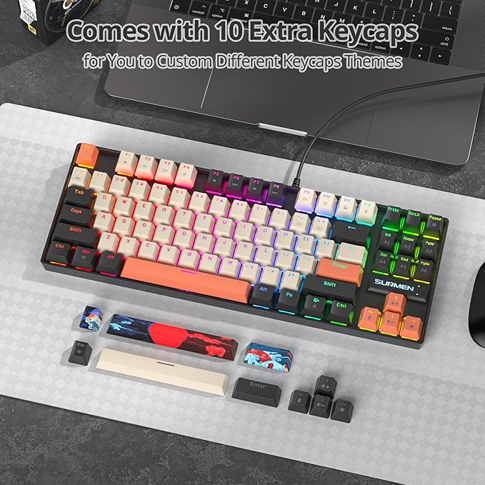 75% Mechanical Gaming Keyboard with Red Switch, RGB LED Backlit Keyboard Orange, 87 Keys Compact TKL Wired Computer Keyboard for Windows Laptop PC Gamer (87 Carbon)