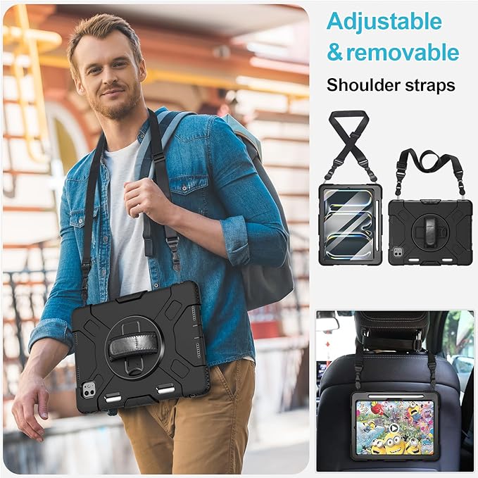 Case for iPad Pro 13 Inch M5 2025/ M4 2024: Military Grade Cover for iPad Pro 13" with Screen Protector - Stand - Handle - Shoulder Strap - Pencil Holder- Black