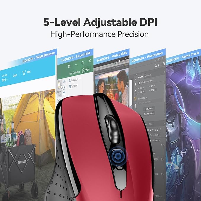 TECKNET Wireless Mouse, 2.4G Ergonomic Optical Mouse, Computer Mouse for Laptop, PC, Computer, Chromebook, Notebook, 6 Buttons, 24 Months Battery Life, 2600 DPI, 5 Adjustment Levels - Red