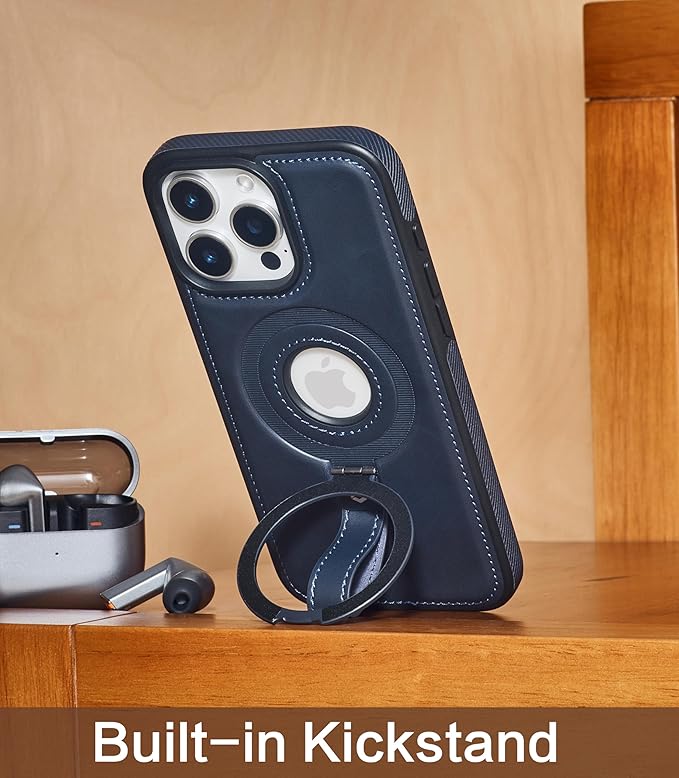 Butaiga for iPhone 13 Pro Max Leather Case with Stand, Anti-Slip Grip Ring, Fits for MagSafe (Blue, iPhone 13 Pro Max)