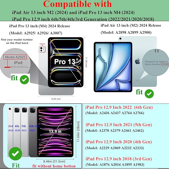 Kids Case for iPad Air 13 inch M3 2025/M2 2024,iPad Pro 13 inch M4 2024 & iPad Pro 12.9 inch Case 6th/5th/4th/3rd Gen 2022 2021 2020 2018 with Stand/Pencil Holder/Handle, Pink Bear