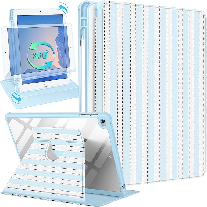Uppuppy for iPad 5th/6th Generation Case for iPad Air 1st/Air 2nd/Pro 9.7 inch 2016 Case - 360 Rotating Stand Folio Smart Cover with Pencil Holder for Women Girls, BW Stripes for Apple Tablet