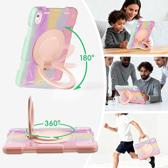 Andnary Case for iPad (A16) 11th Generation 11 inch 2025/10th Generation 10.9 inch 2022, Shockproof Cover with Screen Protector/360° Rotate Handle/Bracket/Pen Holder/Shoulder Strap (Colorful Pink)