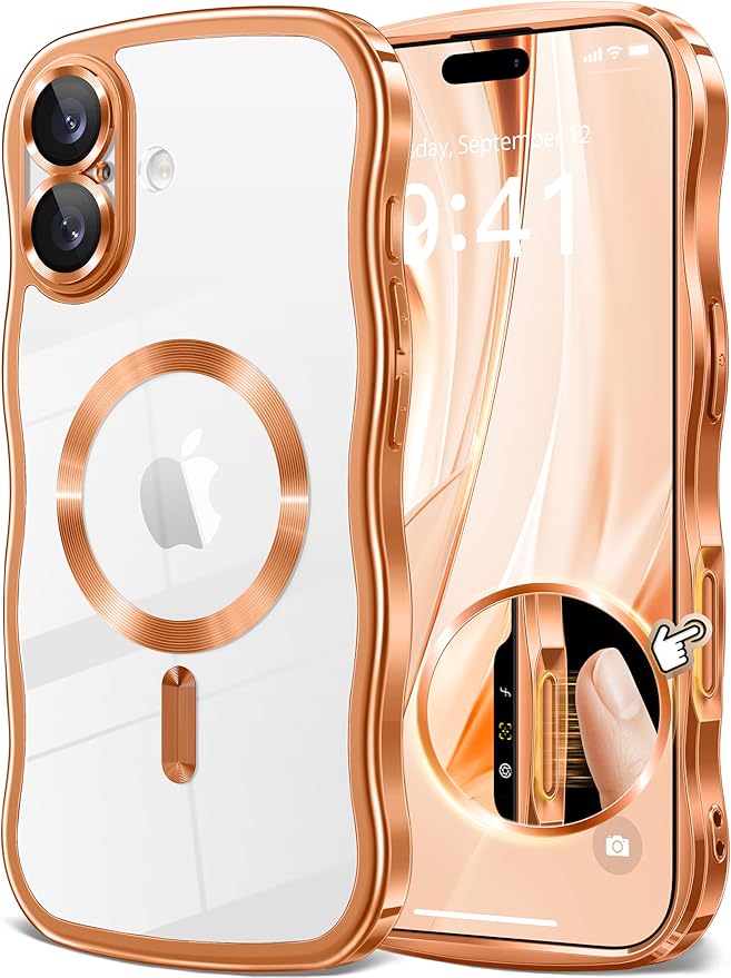 GVIEWIN for iPhone 17 Case Compatible with MagSafe, Upgraded [Full Camera Protection][Cute Wave Frame][Military Grade Protection] Electroplated Hard Phone Cover for Women Girl, Clear/Orange