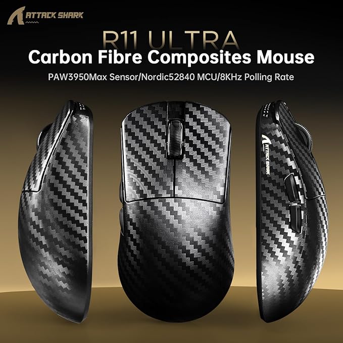 ATTACK SHARK R11Ultra 8K Carbon Fiber Wireless Gaming Mouse with 42000DPI-PAW3950 MAX Sensor-49g Lightweight,Nordic 52840 MCU Chip,Wired/BT/2.4Ghz Programmable,RGB Coiled Cable for PC(Black Wave+Tape)