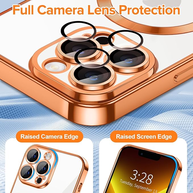 Hython Magnetic Clear for iPhone 13 Pro Case with Camera Lens Protector [Compatible with MagSafe] Luxury Plating Edge Slim Soft TPU Cover Protective Phone Case for iPhone 13 Pro 6.1", Orange