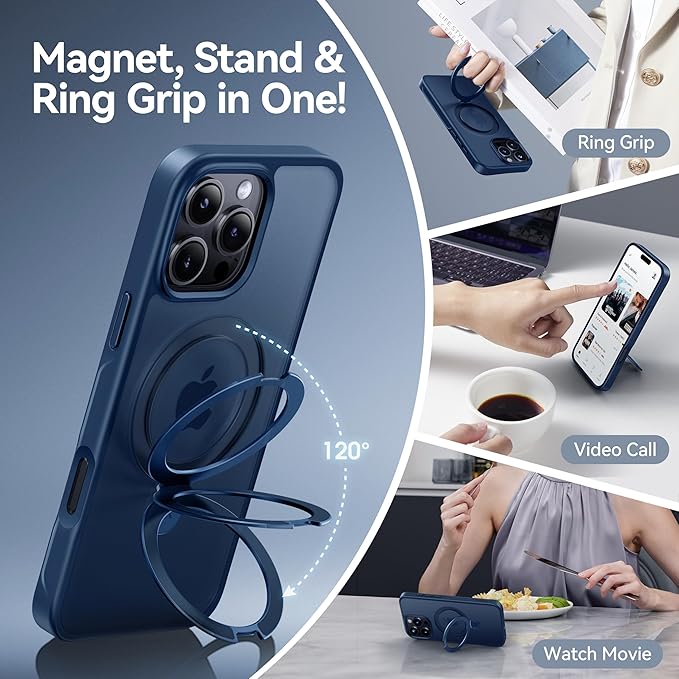 CASEKOO Ultra-Magnetic Stand for iPhone 16 Pro Max Case [Military Drop Protection] [Compatible with MagSafe] Shockproof Translucent Matte Slim Ring Holder Case for iPhone 16 ProMax 6.9", Blue
