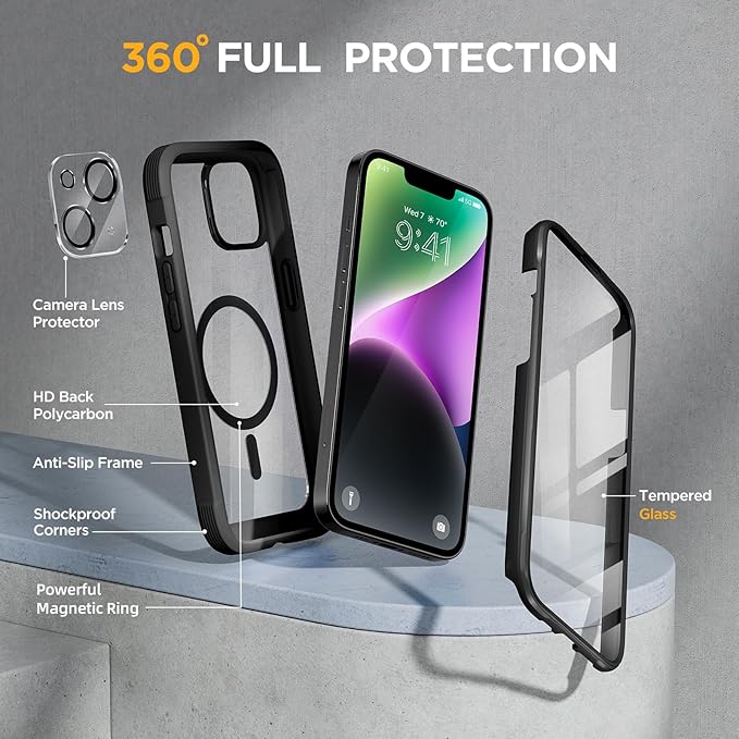 Miracase Magnetic for iPhone 14 Case 6.1",Full-Body Bumper, [Bubble Free] Built-in Tempered Glass Screen Protector+Lens Protector,Compatible with MagSafe,No Gap,Drop Proof Phone Case 14 Cover,Black