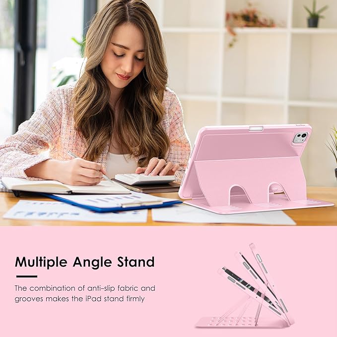 VIKESI Case for iPad Pro 11 inch (M5/M4) 2025/2024,Multiple Angles Magnetic Stand Cover,Shockproof Back,Pencil Holder,and Auto Sleep/Wake,Pink