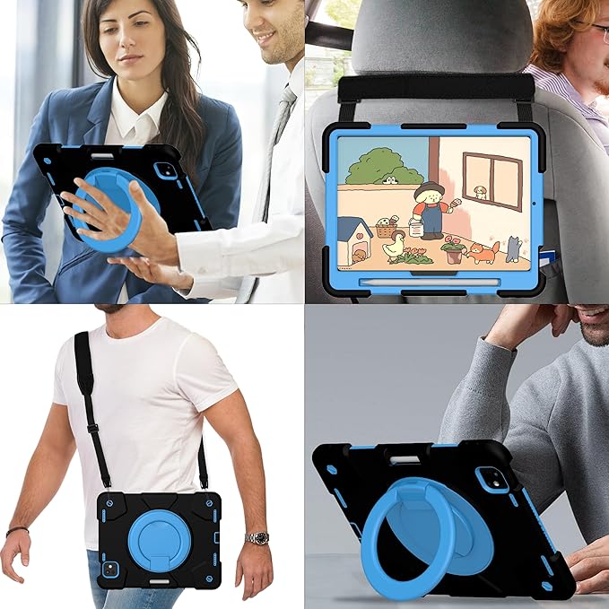 Andnary Case for iPad Pro 11 Inch M4 2024/M5 2025 Case, Heavy Duty Shockproof Cover with Screen Protector/360° Rotate Stand/Shoulder Strap/Pencil Holde (Black+Blue, iPad Pro M4/M5 11 inch)