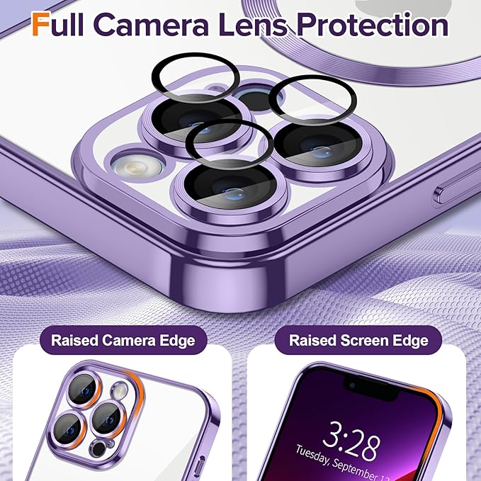 Hython Magnetic Clear for iPhone 13 Pro Max Case with Camera Lens Protector [Compatible with MagSafe] Plating Edge Slim Soft TPU Cover Protective Phone Case for iPhone 13 Pro Max 6.7", Light Purple