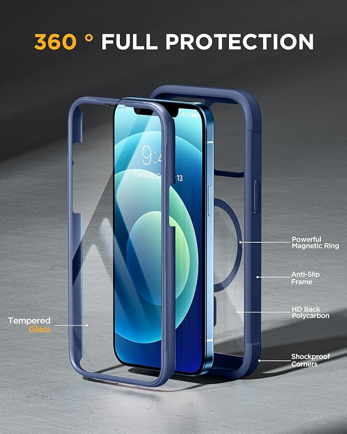 Miracase Glass Series Designed for iPhone 12/12 Pro 6.1 Inch, Upgrade Full-Body Magnetic Case with Built-in 9H Tempered Glass Screen Protector, with Camera Lens Protector, Magnetic Blue