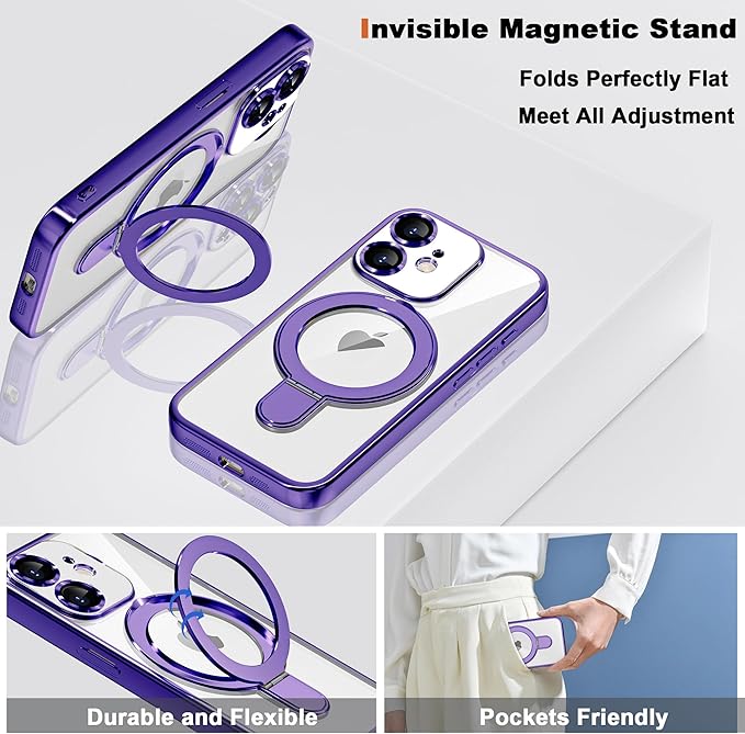 Compatible with iPhone 12 Case with Invisible Magnetic Ring Stand [Compatible with Mag-Safe] [Full Camera Lens Protector] Plating Clear Phone Case for iPhone 12 6.1", Purple
