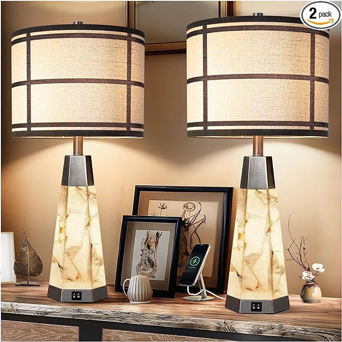 KIVDITZO 27" Alabaster Table Lamps for Living Room, Bedroom Lamps Set of 2 with Night Light, Living Room Lamps with USB A+C Ports, Table Lamp with Linen Shade for Bedside (Bulbs Included)