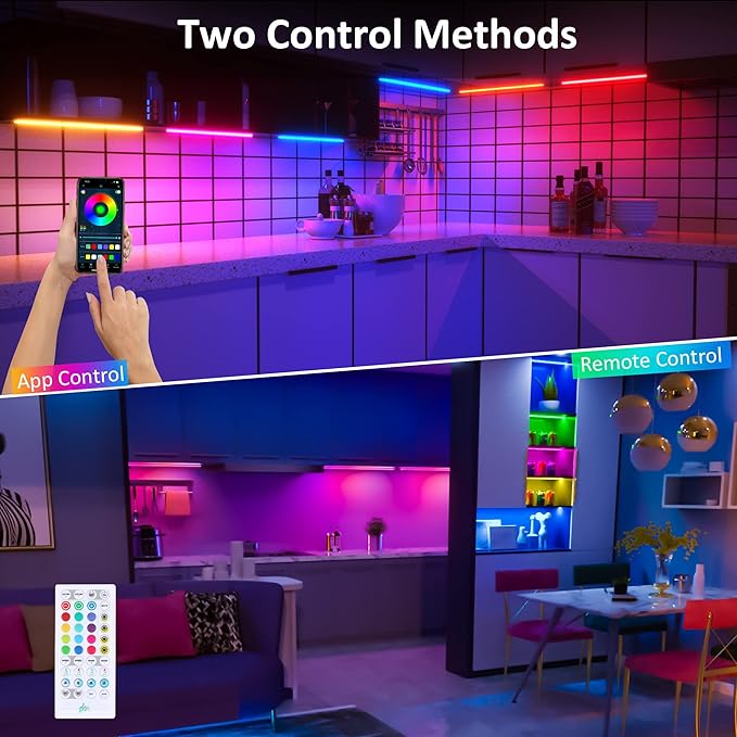 Benreom 6 Pcs RGB Under Cabinet Lights Kit, Smart App and Remote Control Under Cabinet Lighting, Dimmable Under Counter Lights for Kitchen, Plug in LED Lights Bar for Cabinet, Counter, Workbench, Desk