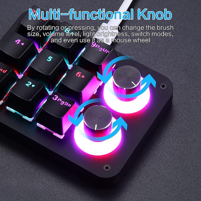 Koolertron 9-Key Mechanical Numpad with 2 Programmable Knobs, LED Backlit Macro Gaming Keyboard, Fully Customizable Numeric Keypad for PC
