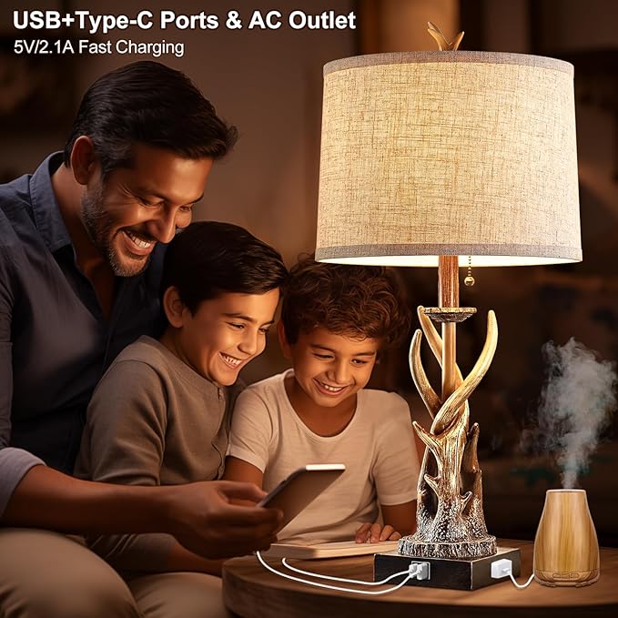 Rustic Deer Antler Table Lamps Set of 2 for Bedroom Farmhouse Bedside Lamps with USB A+C Ports for Living Room End Table Hunting Themed Cabin Lamp Pull Chain Linen, Bulbs Not Included