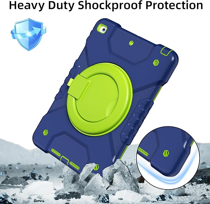 Andnary Case for iPad 9th/8th/7th Generation 10.2 inch, Shockproof Cover with Screen Protector/360° Rotating Handle/Bracket/Pen Holder/Shoulder Strap, Kids Case for iPad 2021/2020/2019 (Navy+Green)