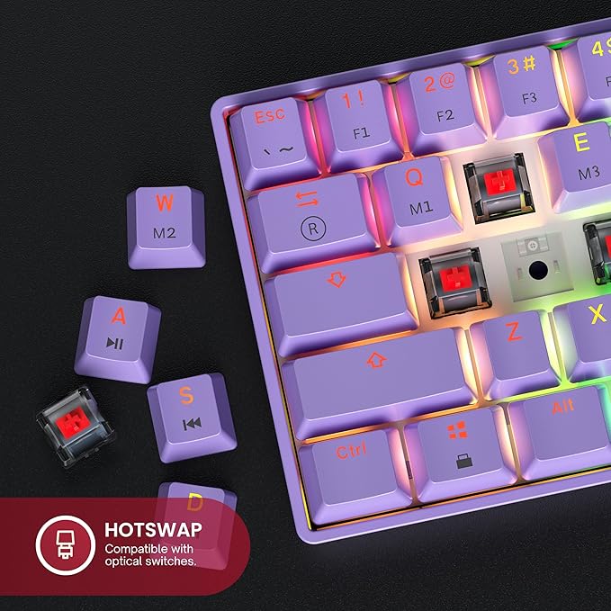 GK61 Mechanical Gaming Keyboard - 61 Keys Multi Color RGB Illuminated LED Backlit Wired Programmable for PC/Mac Gamer (Gateron Optical Yellow, Lavender)