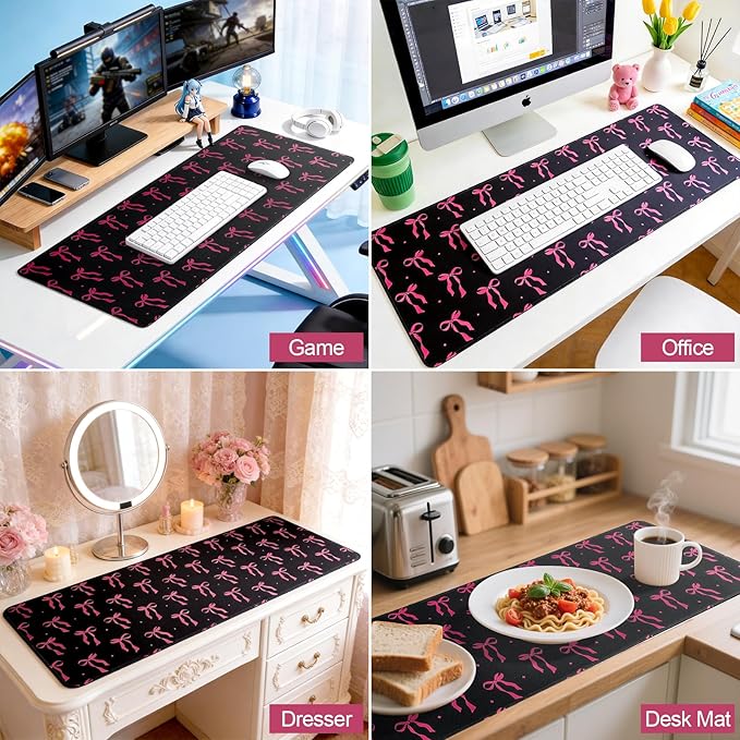 Large Gaming Mouse Pad 31.5 x 11.8in Desk Mat for Office Mousepad Anti-Skid Rubber Base Soft Comfortable and Durable Desk Pad (Black Bow)