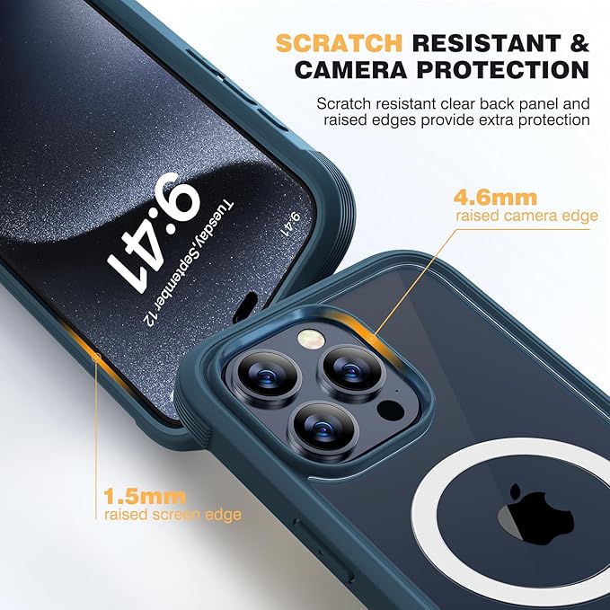 Diaclara Magnetic Designed for iPhone 15 Pro Max Case Full Body Bumper,[Compatible with MagSafe] Military Drop Proof Cover with Built-in Touch Sensitive Anti-Scratch Screen Protector,Blue
