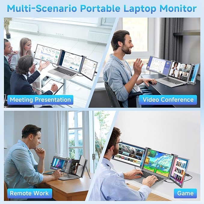 Laptop Screen Extender, 1080P IPS FHD Monitor Extension for 15-17.3" Laptop, Ultra-Thin Portable Triple Portable Monitor with USB-C/HDMI/USB-A,Mac/Windows/Chrome/Android (Grey, 15 Inches)
