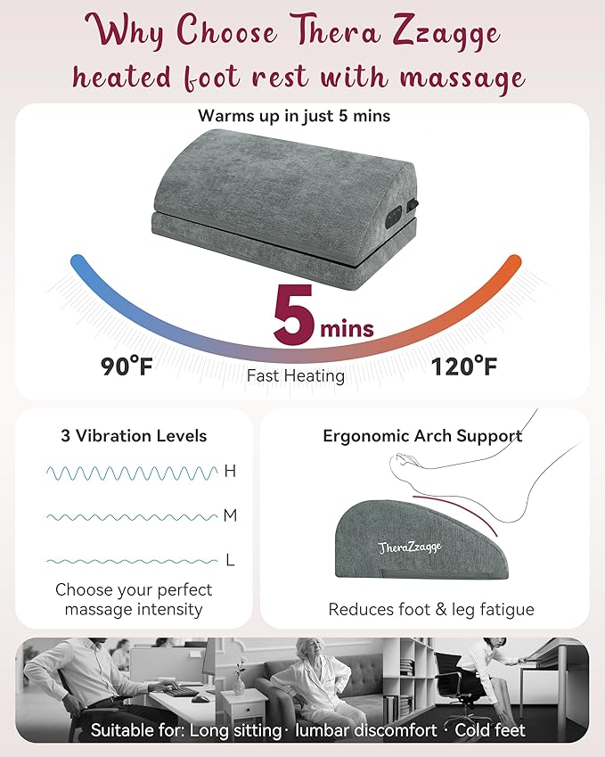 Heated Foot Rest for Under Desk at Work, Foot Stool with Vibration Massage, 2 Heat Levels, Ergonomic Memory Foam Feet Warmer Heater