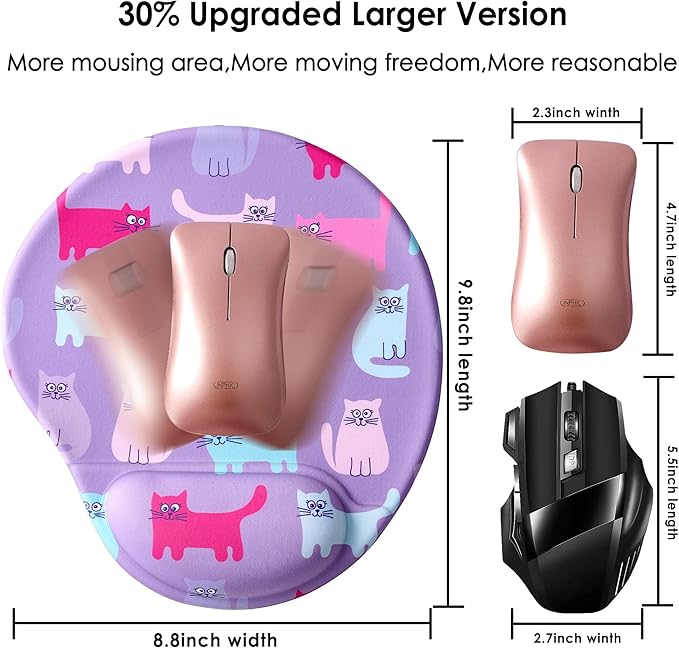 Ergonomic Mouse Pad with Wrist Support,Cute Mouse Pads with Wrist Rest,Comfortable Mouse Pad for Home Office Gaming Working Computers Laptop,Pain Relief with Non-Slip PU Base (Cute Cat)