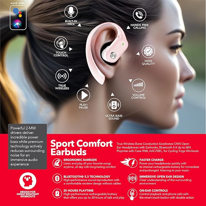 RCA Wireless Earbuds Bluetooth 5.3 Headphones Sport Sweat Resistant Sports Earphones with Earhooks,48H Playtime,Lightweight 7.8g,Fast Charging Case,Noise Cancelling Mic for Running Gym Workout-Pink