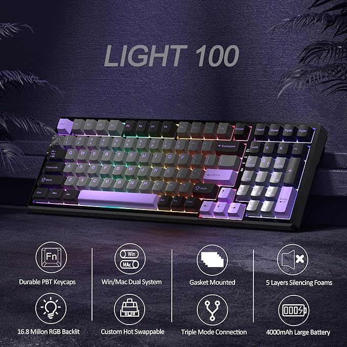 MageGee LIGHT100 Wireless Creamy Keyboard, Gasket Structure Hot Swappable, Tri-Mode 2.4G/USB-C/BT5.0 RGB Backlit Mechanical Gaming Keyboard for Win/Mac/PC, PBT Keycap, 4000mAh Battery, Purple
