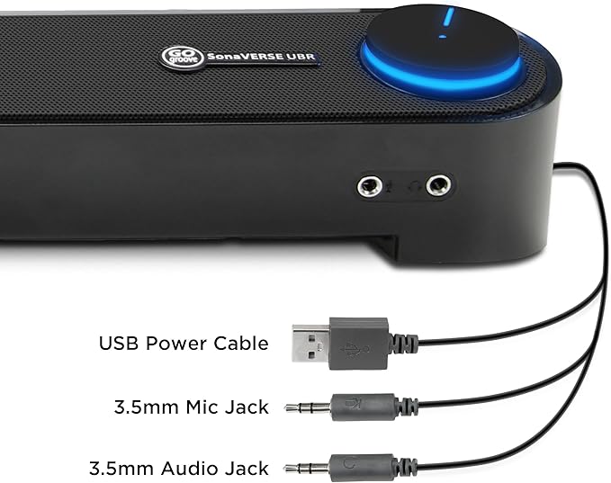 GOgroove Computer Speaker Mini Soundbar - USB Powered PC Sound Bar with Easy Setup Wired AUX, Stereo Audio, Microphone Port, Volume Control Knob, Under Monitor Design for Desktop (Blackout)
