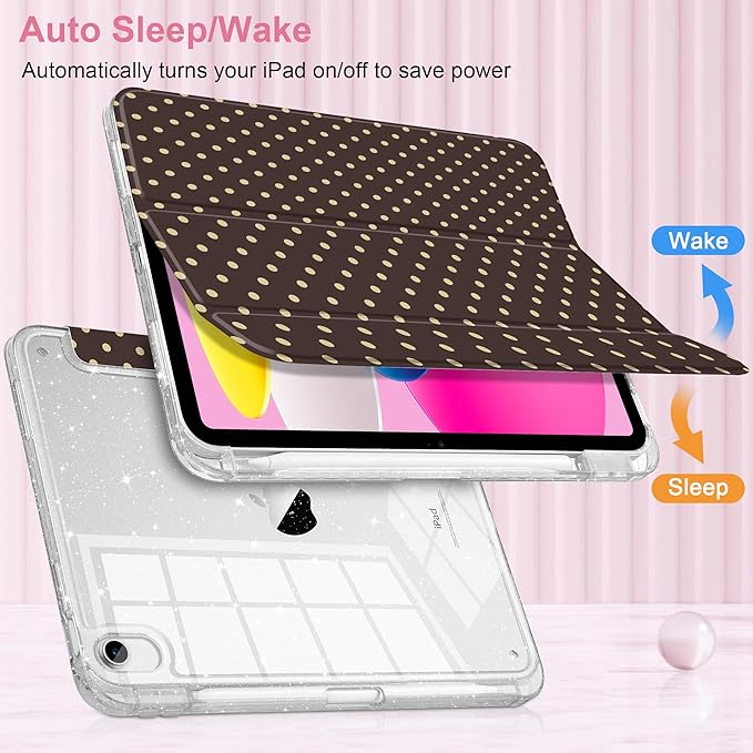 DONGKE for iPad Pro 11 inch Case – Fits M5 2025 / M4 2024, Shockproof Sparkling Glitter Acrylic Back, Pencil Holder, Trifold Stand, Auto Sleep/Wake & Touch ID Support - Brown Polka Dot