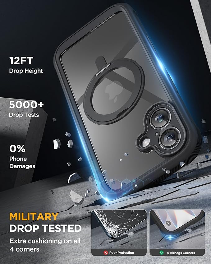 Miracase for iPhone 17 Case with 360° Magnetic Ring Stand [Compatible with Magsafe] Full-Body Drop Proof Bumper Phone Case with Built-in 9H Tempered Glass Screen Protector,Black