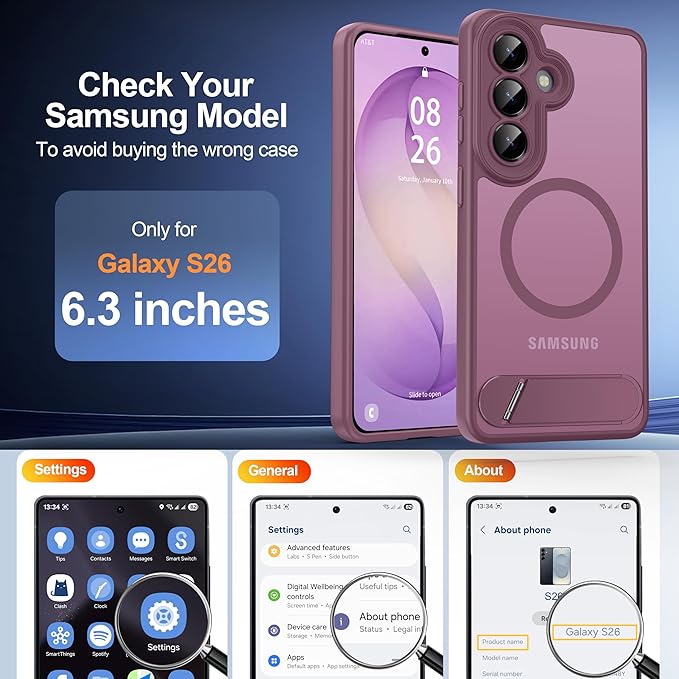 Magnetic for Samsung Galaxy S26 Case, [Compatible with MagSafe][Full Camera Protection][Built-in Invisible Kickstand] Translucent Matte Phone Case for S26 6.3" - Wine Red