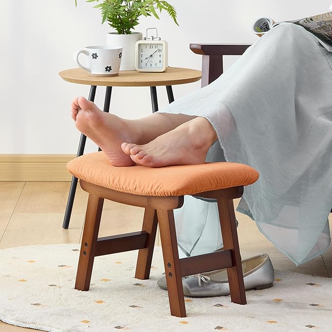 Foot Stool,Under Desk Foot Rest Ottoman, Washable Stool for Office, Living Room, Bedroom (Brown Legs-Orange Stool Seat)