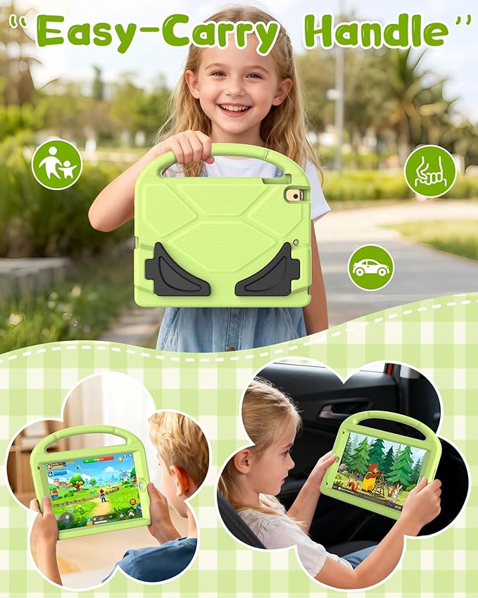 Kids Case for iPad 5th/6th Generation (9.7-inch, 2017/2018), iPad Air 2/Pro 9.7 Case with Screen Protector, Durable Shockproof Lightweight Cover with Handle/Stand for Kids, Light Green